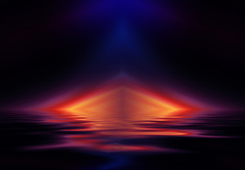 Abstract dark futuristic background. Neon rays of light are reflected from the water. Background of empty stage show, beach party. 3d illustration