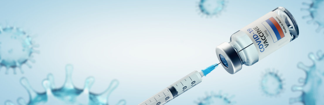 Russian COVID-19 Coronavirus Vaccine and Syringe Concept Image.