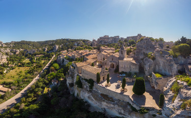 Les Baux de Provence village on the rock formation and its castle. France, Europe. Drone view