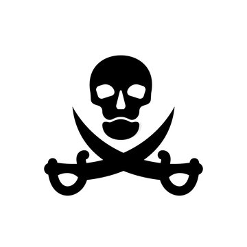 Human skull in full face and crossed sabers. Pirate sign and symbol for design. Isolated illustration in flat style on white background. An image of danger to humans. Icon of hazard to life