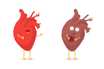 Sad sick unhealthy vs healthy strong happy smiling cute heart character. Medical anatomic funny cartoon human internal organ. Vector flat eps illustration
