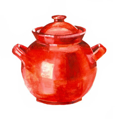 Red saucepan, ceramic pot. Isolated objects on a white background. Retro style dishes, kitchen utensils. Watercolor drawing in classic style, painting. Icons, elements for menu design, recipe book.