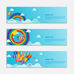 Blue sky with sunshine, butterfly clouds, balloons and rainbows. Three horizontal summer time banners under the text. set abstract isolated vector illustrations. Paper cut and digital crafts style.