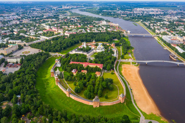 Fototapeta premium View of the beautiful ancient Veliky Novgorod, the old part of the city and the Kremlin in summer from a height.