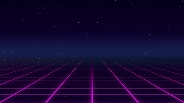 Running over a 1980s vaporwave style neon grid (electrified field).