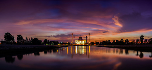 Naklejka na ściany i meble Landscape of beautiful sunset sky at Central Mosque, Songkhla province, Southern of Thailand.Travel and tourism outdoor