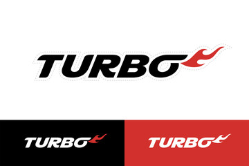 Turbo sticker badge decal. Turbocharger text with flame logo icon design. Auto performance boost sign. Motor vehicle forced induction emblem. Vector illustration. - obrazy, fototapety, plakaty