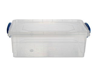 transparent plastic food container with blue handles