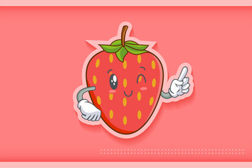 WINK, SMILING, cheerful, Smiling Face Emotion. Forefinger Hand Gesture. Red Strawberry Fruit Cartoon Drawing Mascot Illustration.