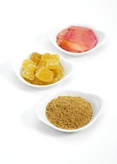 Ginger, zingiber officinale, Powder, Marinated and Crystallised against White background