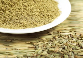 Powder and Fennel's Seed, foeniculum vulgare against White background