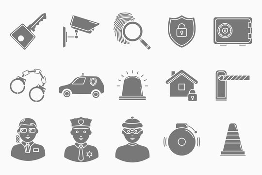 Security services Icons set - Vector silhouettes of key, lock, camera, padlock, door, building, signaling for the site or interface