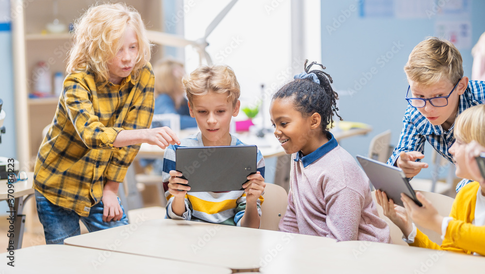 Poster school computer science class: schoolchildren use digital tablet computers and smartphones with augm