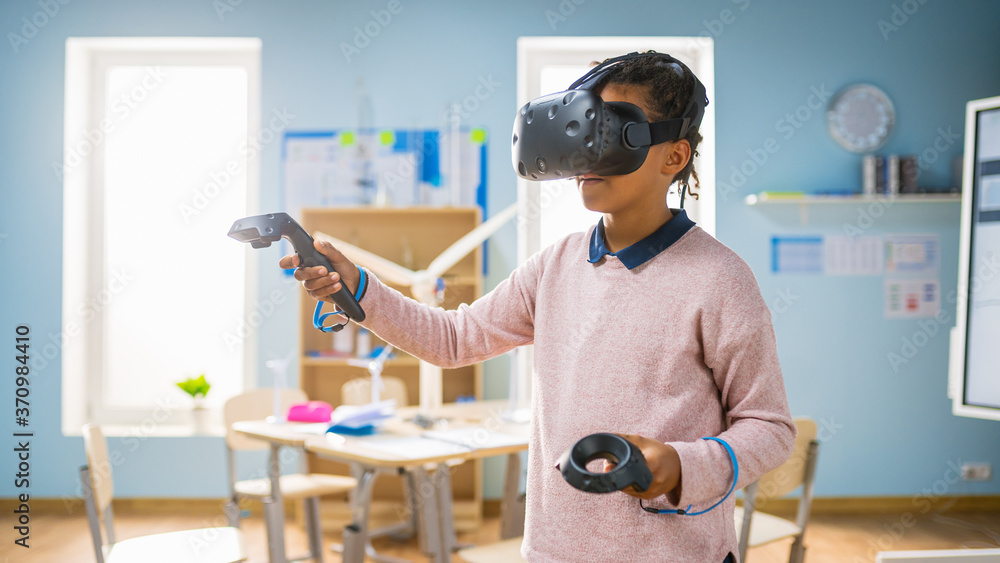 Poster elementary school computer science class: cute girl wearing augmented reality headset and using cont
