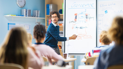 Elementary School Physics Teacher Uses Interactive Digital Whiteboard to Show to a Classroom full...