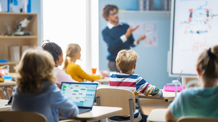 Elementary School Physics Teacher Uses Interactive Digital Whiteboard to Show to a Classroom full of Smart Diverse Children how Renewable Energy Works. Science Class with Kids Listening
