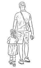 Outline drawing of young father with his little daughter walking together on summer day