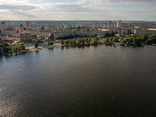 Naklejka premium Sunset over the river Dnieper in Kiev. Aerial drone view.