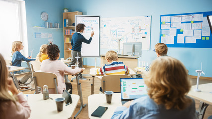 Elementary School Physics Teacher Uses Interactive Digital Whiteboard to Show to a Classroom full of Smart Diverse Children how Renewable Energy Works. Science Class with Kids Listening