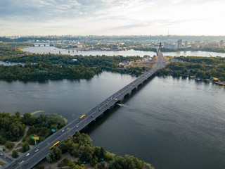 Aerial drone view of the North Bridge over the Dnieper in Kiev.