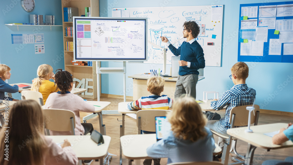 Poster elementary school science teacher uses interactive digital whiteboard to show classroom full of chil
