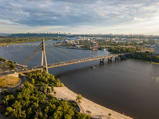 Aerial drone view of the North Bridge over the Dnieper in Kiev.