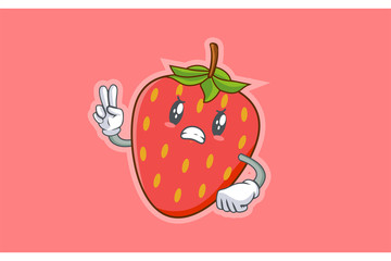 ANGRY, MAD, BAD MOOD Face Emotion. Peace Hand Gesture. Red Strawberry Fruit Cartoon Drawing Mascot Illustration.