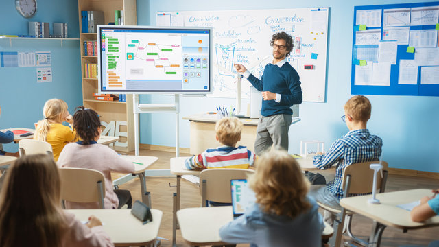 Elementary School Computer Science Teacher Uses Interactive Digital Whiteboard to Show Programming Logics to a Classroom full of Smart Diverse Children. Computer Class with Kids Listening
