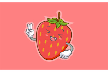 LAUGHING, HAPPY, FUN, cheerful Face Emotion. Peace Hand Gesture. Red Strawberry Fruit Cartoon Drawing Mascot Illustration.