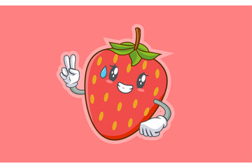 NERVOUS, PHEW, DISAPPOINTED, RELIEVED Face Emotion. Peace Hand Gesture. Red Strawberry Fruit Cartoon Drawing Mascot Illustration.