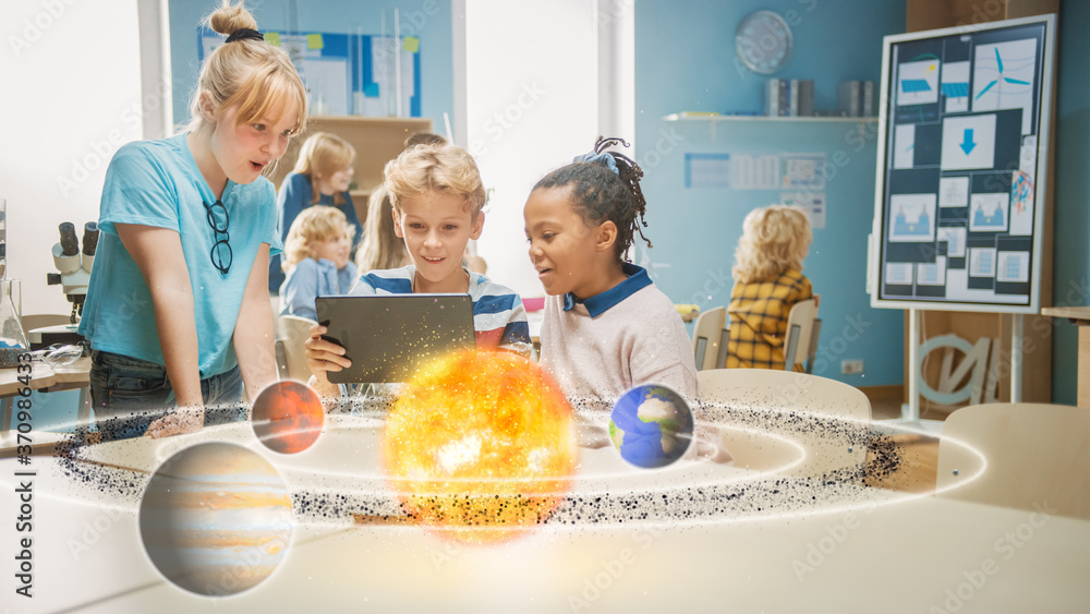 Poster three diverse school children in science class use digital tablet computer with augmented reality so