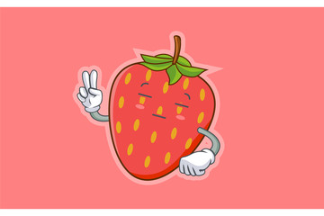 ZONK, MEDITATIVE, UNAMUSED Face Emotion. Peace Hand Gesture. Red Strawberry Fruit Cartoon Drawing Mascot Illustration.