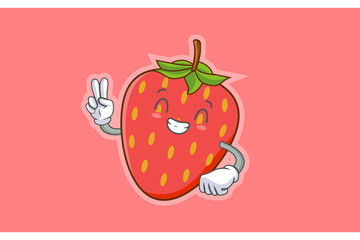 CONTENT, HAPPY , GRIN SMILE, cheerful Face Emotion. Peace Hand Gesture. Red Strawberry Fruit Cartoon Drawing Mascot Illustration.