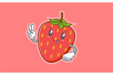 DUMB, FUNNY, TONGUE, cheerful Face Emotion. Peace Hand Gesture. Red Strawberry Fruit Cartoon Drawing Mascot Illustration.
