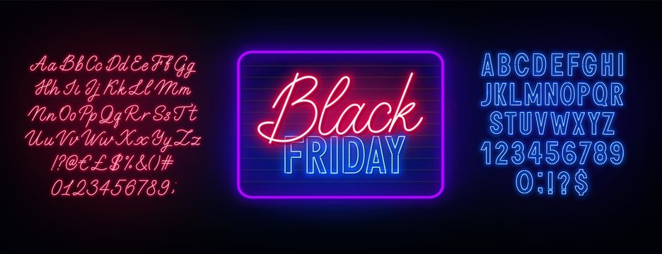 Black Friday neon sign on dark background. Neon duo red and blue font. Bold and script alphabet. Template for design.