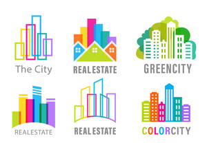 Real estate agency logo template. Abstract set Skyscraper sign. Icon building company. Graphic creative symbol architecture. Colorful creative design idea for logotype city. Vector illustration.