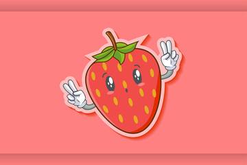 UH , OH, GASP Face Emotion. Double Peace Hand Gesture. Red Strawberry Fruit Cartoon Drawing Mascot Illustration.