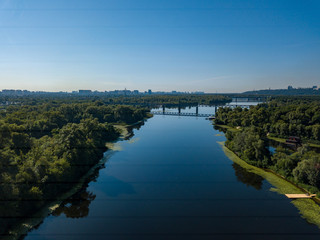 Aerial drone view of the Dnieper River in Kiev