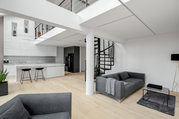 White apartment with mezzanine and stairs - obrazy, fototapety, plakaty