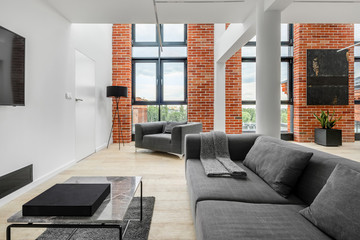 Living room in loft apartment with brick wall