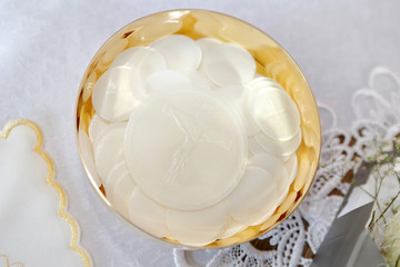 Golden pot with Holy Host in the church