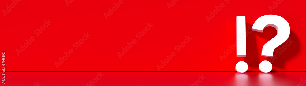 Poster question mark and exclamation mark in front of a red color wall background. business support concept