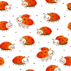 Seamless pattern with cute little ladybugs isolated on white background - cartoon background for funny children design