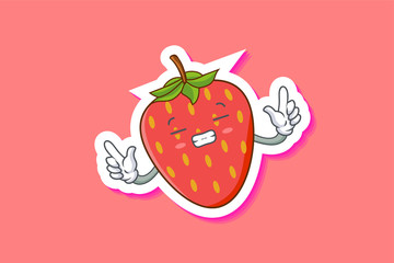 FRUSTRATED, GRIN SMILE, NERVOUS Face Emotion. Double Finger Gun Hand Gesture. Red Strawberry Fruit Cartoon Drawing Mascot Illustration.