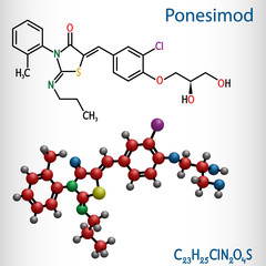 Ponesimod, experimental anti-inflammatory drug molecule. Treatment of multiple sclerosis MS and psoriasis. Structural chemical formula and molecule model