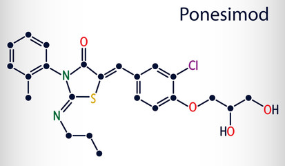 Ponesimod, experimental anti-inflammatory drug molecule. Treatment of multiple sclerosis MS and psoriasis. Skeletal chemical formula