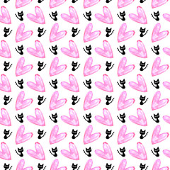 Cute seamless pattern with hearts and cats. Romantic texture for backgrounds, wrapping paper, packaging, greeting cards, prints, covers, fabric, textile, birthday, Valentine's Day