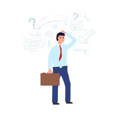 Man thinking and making a financial decision. Businessman thinking and scratching his head. Solution or problem concept. Character on white background with thinking icons. Confused with finances.