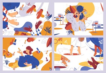Vector illustration about nail polish obsession. Women characters with varnish bottles, feet and hands with manicure and pedicure. Concept scenes in vibrant colors