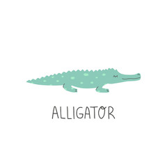 Hand Drawn African Crocodile. Cute doodle animal card. Scandinavian colorful childish illustration.